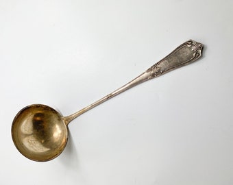 Vintage silver plated metal soup ladle, scoop Art Nouveau floral decor 1970-1980, cutlery, metalware, kitchen home decor