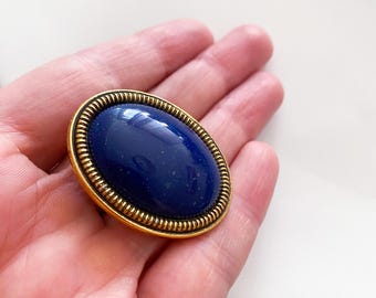Vintage clip Brooch, Pin, metal with blue plastic cabochon, Oval clip brooch, Retro style 1960, simple, minimalism