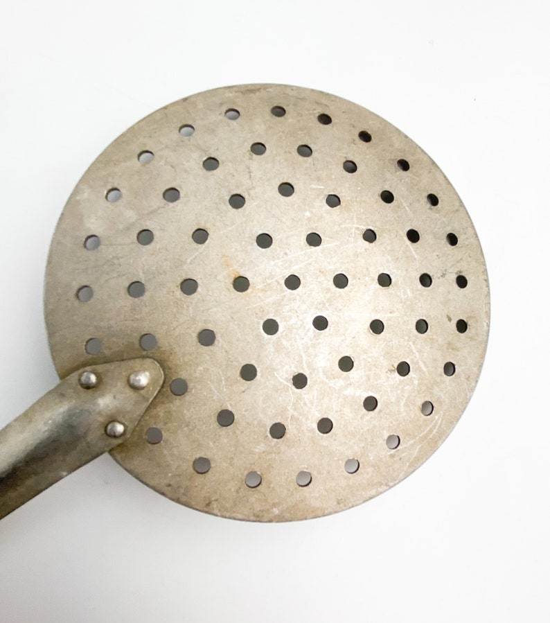 Vintage, antique aluminum skimmer, primitive kitchen home decor, serving spoon with holes image 4