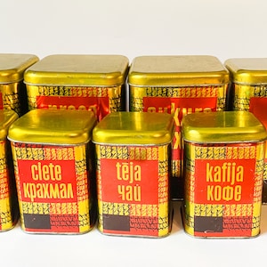 Set of 8 Vintage Kitchen Tin Metal Box, Case, buckwheat, semolina, sugar, pearl barley, kitchen home decor. Riga, Latvia