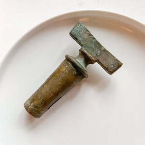 Huge Solid brass, bronze antique spigot key, Big vintage water tap key with old dark patina, country farmhouse home decor,