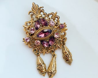Vintage metal brooch with glass rhinestones, gold plated brown, Retro Costume Jewelry Brooch