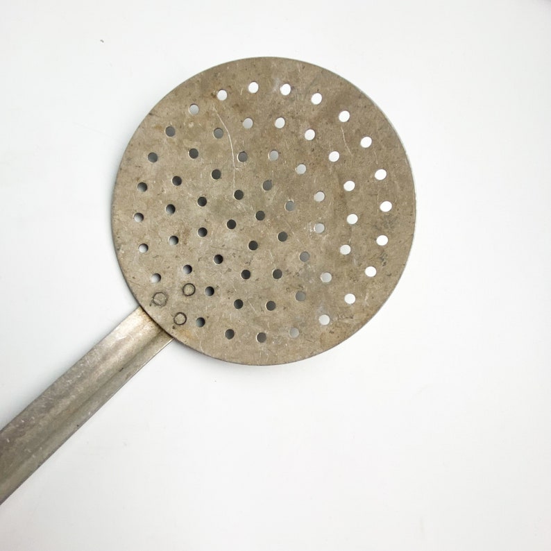 Vintage, antique aluminum skimmer, primitive kitchen home decor, serving spoon with holes image 5