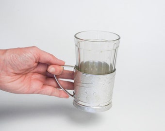 Vintage aluminum glass holder with original glass, Space satellite 1950-1960. Original patina.