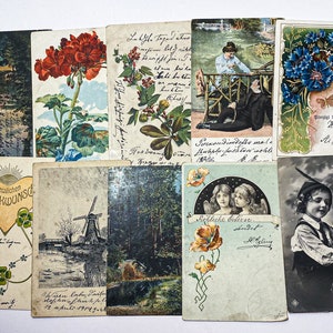 Veel van 10 originele oude antieke ansichtkaarten, antieke en vintage kunstfoto, papieren ephemera, Pasen, Kerstmis, verliefde man en vrouw