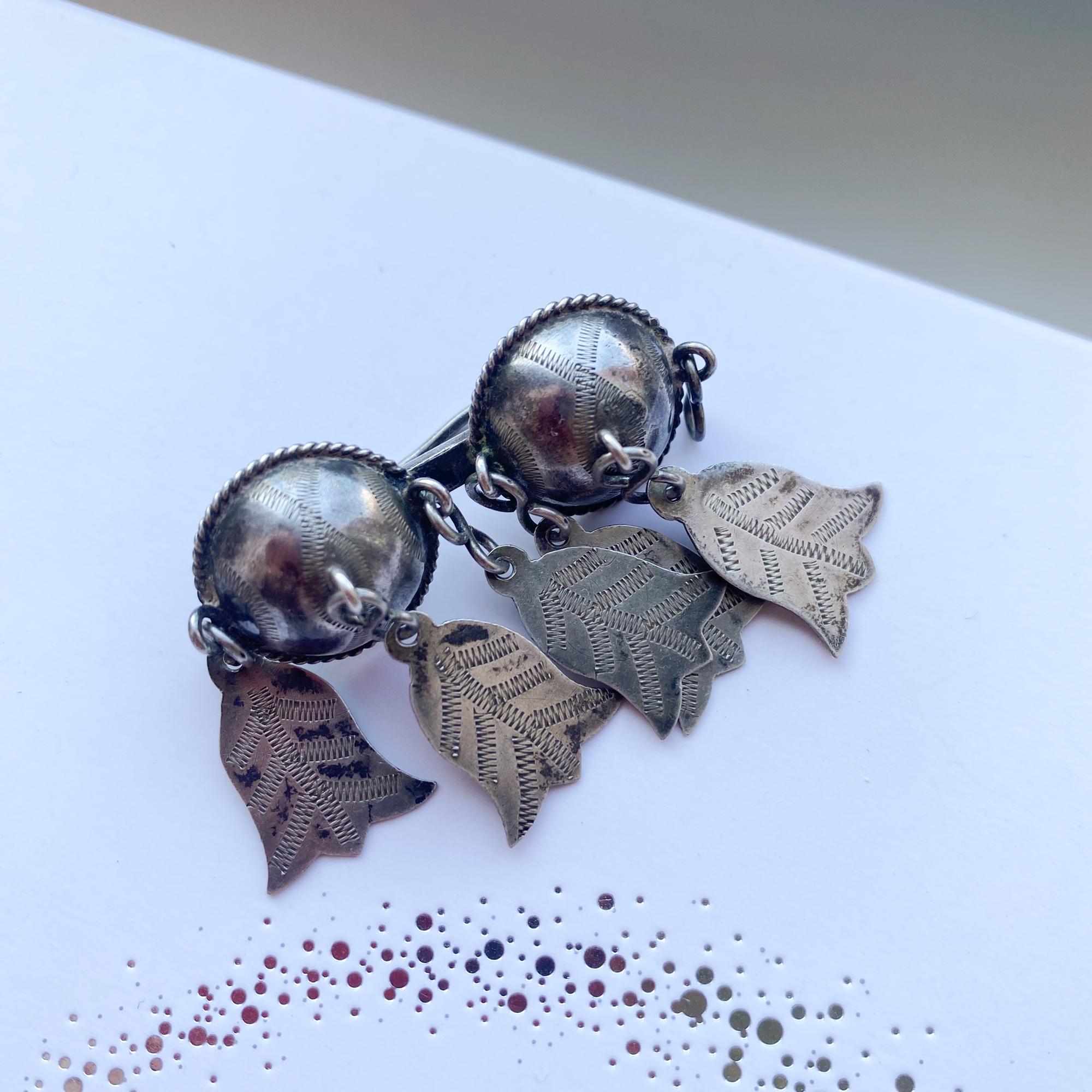 Vintage sterling silver 830 Ethnic Brooch with charms, Latvian national costume jewelry, folk pattern, hallmark 830. Lost charm