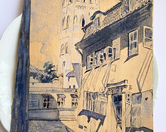 Antique Watercolor Painting Old European City Signed Dated Artwork