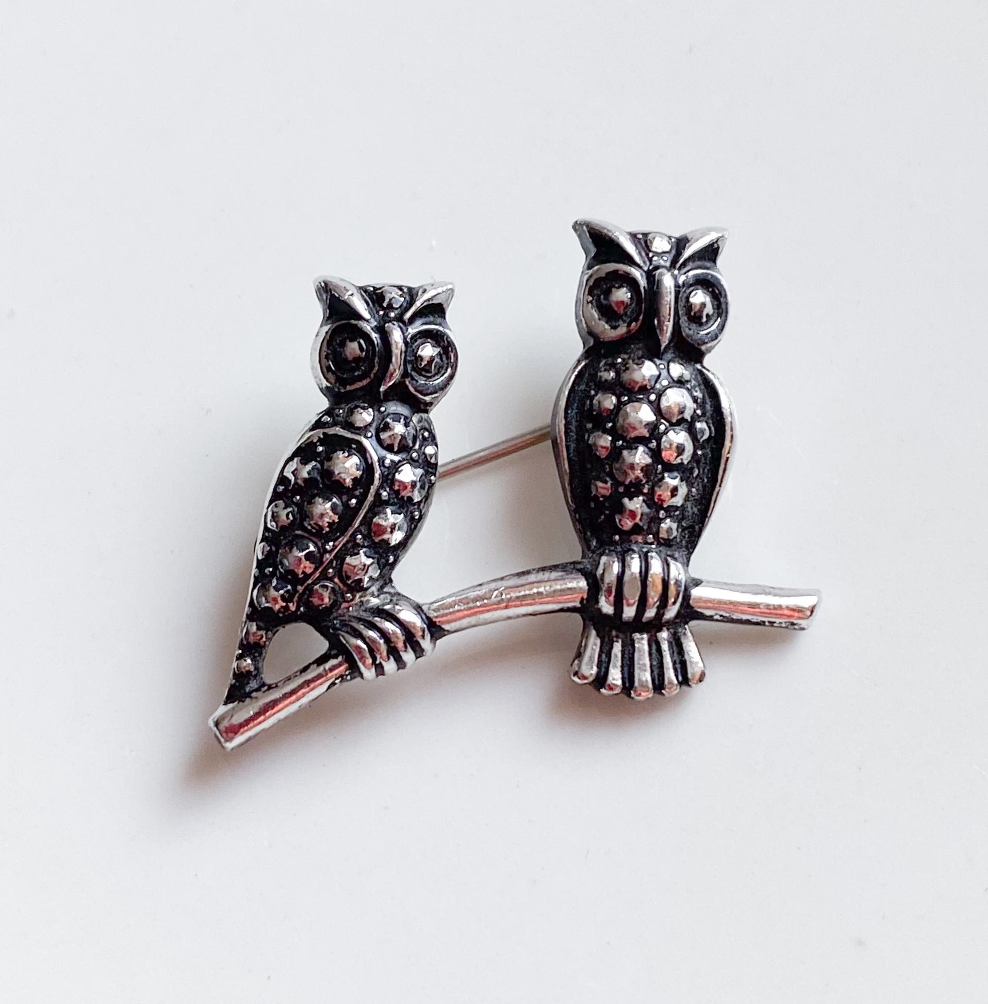 Vintage Owl Brooch Two Birds on Branch Silver Tone Small Pin