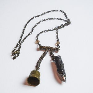 Vintage handmade necklace made from original sewing machine Singer spool and case and brass thimble