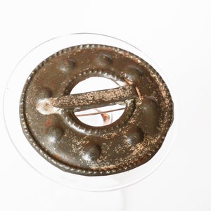 Antique round Ethnic Brooch, folk, silver tone metal