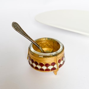 Vintage Enameled Metal Salt, Pepper or Mustard Jar with metal spoon, white and red enamel, marked YUM6MET
