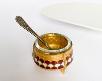 Vintage Enameled Metal Salt, Pepper or Mustard Jar with metal spoon, white and red enamel, marked YUM6MET
