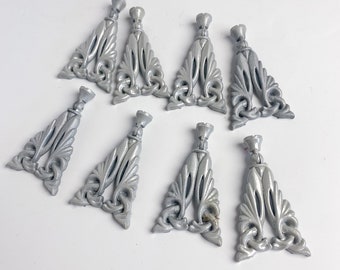 Set of 8 vintage metal Cabinet Door Pull Handles, lot, dark painted metal, Floral decor