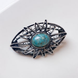 Vintage, antique sterling silver 916  Brooch, Filigree brooch with natural turquoise gemstone, stone, cabochon