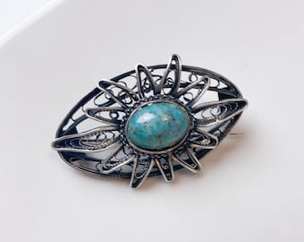 Vintage, antique sterling silver 916  Brooch, Filigree brooch with natural turquoise gemstone, stone, cabochon