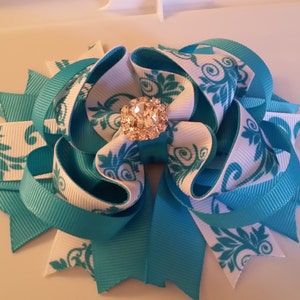 Blue and white jeweled center Boutique Hair bow