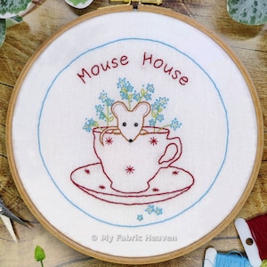 Mouse in a tea-cup, easy beginner hand embroidery pattern. Mouse-House PDF pattern, step by step instructions & Photo Tutorial , Very Easy