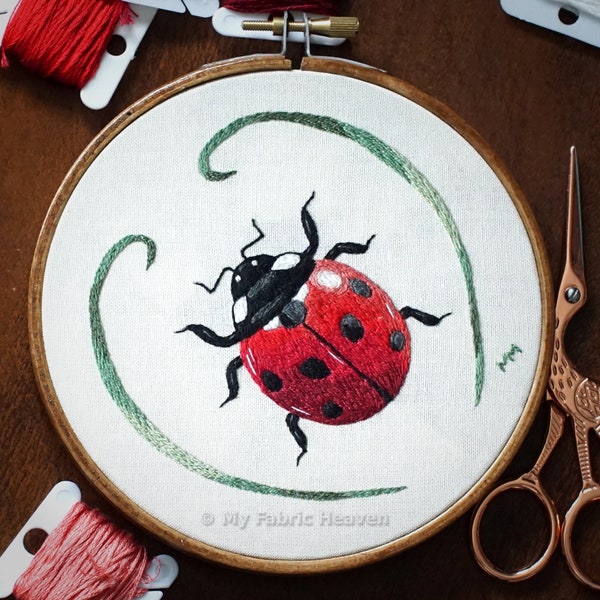 Ladybird Embroidery Pattern, Needlepainting Pattern & Photo Tutorial PDF, Thread Painting Pattern, Hand Embroidery Hoop Art Design, Nature.