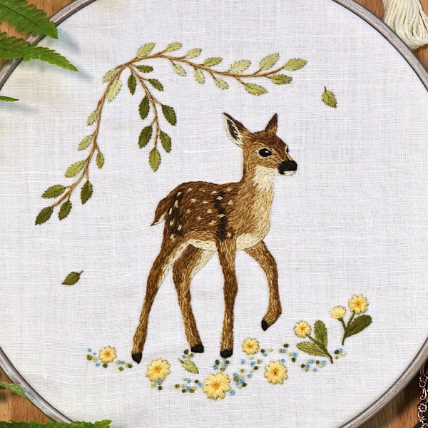 Fawn Embroidery Pattern, Baby Deer Needlepainting Pattern & Photo Tutorial PDF and Video, Woodland Thread Painting, Hand Emboidery, pdf