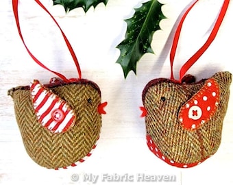 Tweed Robin Fabric Christmas Tree Ornament PDF Sewing Pattern & Photo-Tutorial Handmade Christmas Hanging Decoration by My Fabric Heaven