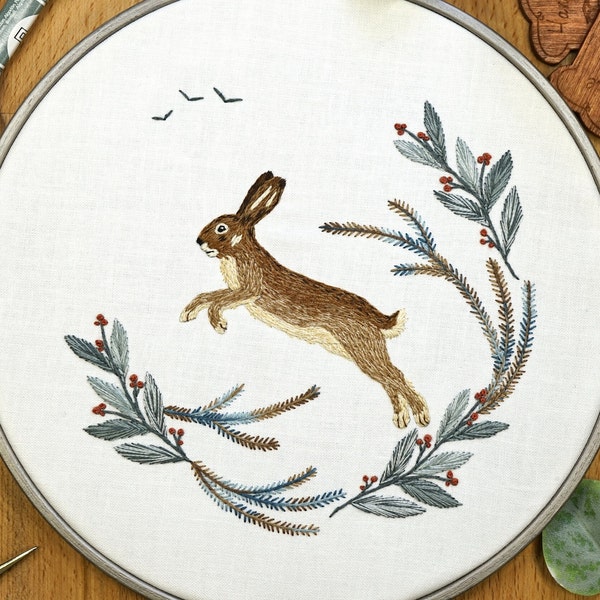 Hare Embroidery Pattern Pdf, Bunny Rabbit Needlepainting Pattern Photo Tutorial & Video, Woodland Thread Painting, Nature Hand Emboidery Pdf