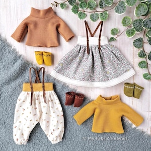 Doll clothes pattern bundle autumn set, skirt, roll-neck sweater, trousers & ankle boots, 4 PDF sewing patterns for 40cm/16" dolls.