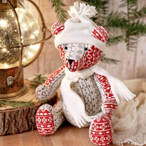 13" Memory bear PDF sewing pattern DIY, traditional teddy bear with hat & scarf, step by step photo tutorial instructions, stuffed toy.