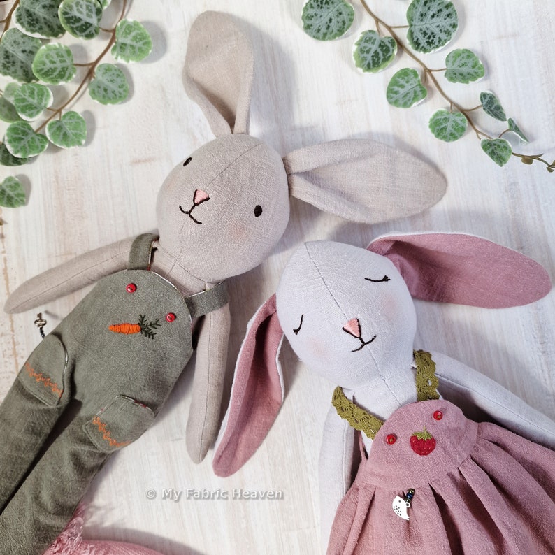 Linen bunny doll and clothes soft toy PDF sewing pattern photo-tutorial instructions