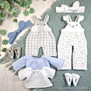 Doll clothes pattern bundle summer set #2, dungarees/romper, top, headband & boots, 4 x PDF sewing patterns with options for 40cm/16" dolls.