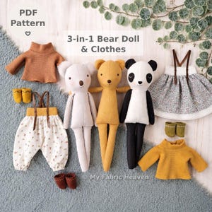 Puede incluir: Un patrón PDF para una muñeca oso 3 en 1 y ropa, con tres muñecos de peluche: un oso blanco, un oso amarillo y un panda. Incluye un suéter marrón, un suéter amarillo, una falda floral con tirantes, un peto estampado y dos pares de botas pequeñas.