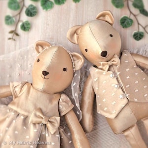 Wedding dress memory bears with clothes sewing pattern PDF. 16 inch silk teddybear step-by-step photo-tutorial stuffed marriage keepsakes