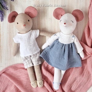 Mouse doll with clothes easy sewing pattern PDF. 40cm/16" cloth mice step-by-step photo-tutorial stuffed animal soft toy by My Fabric Heaven