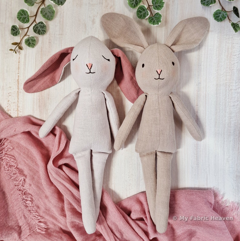 Linen bunny doll and clothes soft toy PDF sewing pattern photo-tutorial instructions