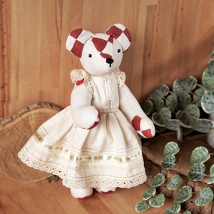 Memory Bear with dress & bow headband sewing pattern PDF, Teddy bear with clothes, Photo tutorial sewing guides, DIY Patchwork Bear Pdf