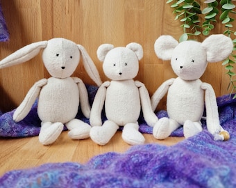 Bunny, bear & mouse set of 3 nursery dolls, easy PDF sewing patterns 25cm/10" step-by-step photo-tutorials, stuffed fabric animal soft toys