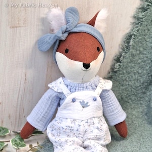 Fox Vixen doll & clothes easy sewing pattern PDF, 40cm linen fox, Arctic fox or wolf step-by-step photo-tutorial, stuffed animal soft toy