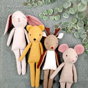 Bunny, bear, mouse & deer dolls , 4 easy PDF sewing PATTERN bundle, with step-by-step photo-tutorials for 40cm/16" animal soft toys