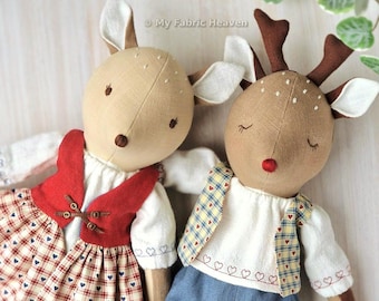 Deer doll with clothes easy sewing pattern PDF 40cm cloth Reindeer step-by-step photo-tutorial stuffed animal soft toy by My Fabric Heaven