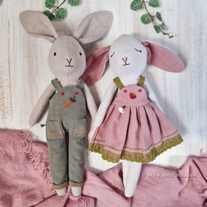 Linen bunny doll and clothes soft toy PDF sewing pattern photo-tutorial instructions