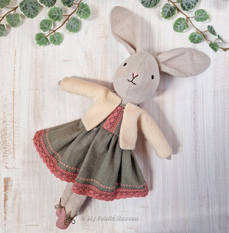 Linen bunny doll and clothes soft toy PDF sewing pattern photo-tutorial instructions