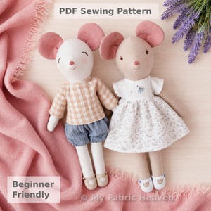 May include: Two handmade mouse dolls with pink ears, wearing fabric clothing. One mouse wears a plaid shirt and blue shorts, the other a floral dress. The image includes the text "PDF Sewing Pattern" and "Beginner Friendly".