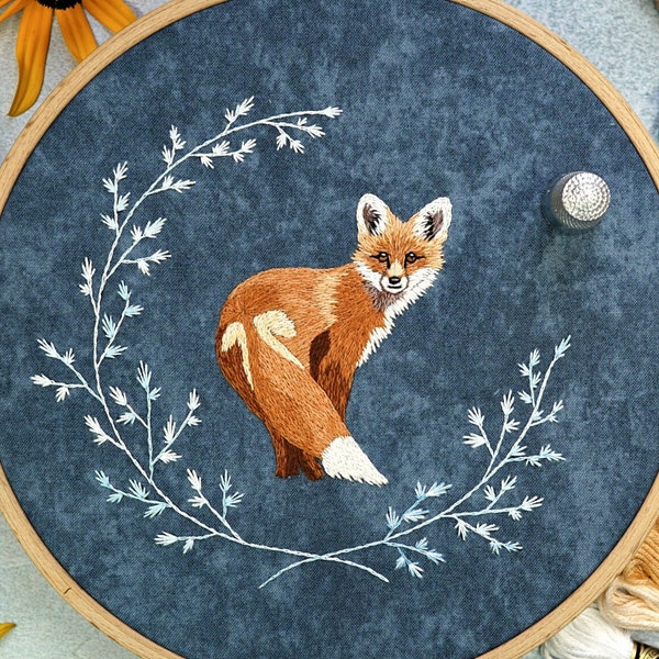 Modèle de broderie de peinture de fil de renard, tutoriel vidéo et photo de peinture à l’aiguille PDF, peinture de fil de bois, broderie à la main, ombrage de soie