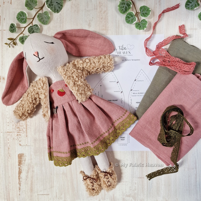 Linen bunny doll and clothes soft toy PDF sewing pattern photo-tutorial instructions