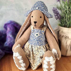 11" Jointed Bunny Soft Toy with Dress & Hat PDF Sewing Pattern - Rabbit / Hare stuffed animal doll and clothes, memory bunny keepsake