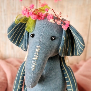 Denim Elephant PDF sewing pattern, button jointed Keepsake Memory elephant, Stuffed Animal Soft Toy & photo tutorial by My Fabric Heaven