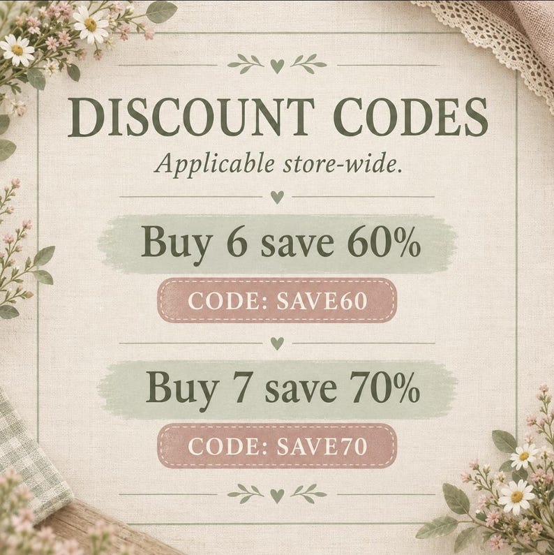 Puede incluir: Un gr&aacute;fico promocional sobre un fondo beige texturizado con detalles florales. El texto dice DISCOUNT CODES, Applicable store-wide, Buy 6 save 60%, CODE: SAVE60, Buy 7 save 70% y CODE: SAVE70, mostrado en recuadros verdes y rosas.