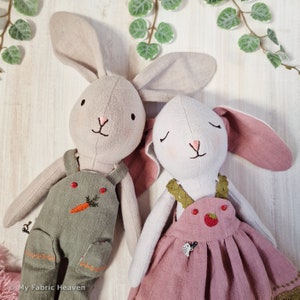 Linen bunny doll and clothes soft toy PDF sewing pattern photo-tutorial instructions