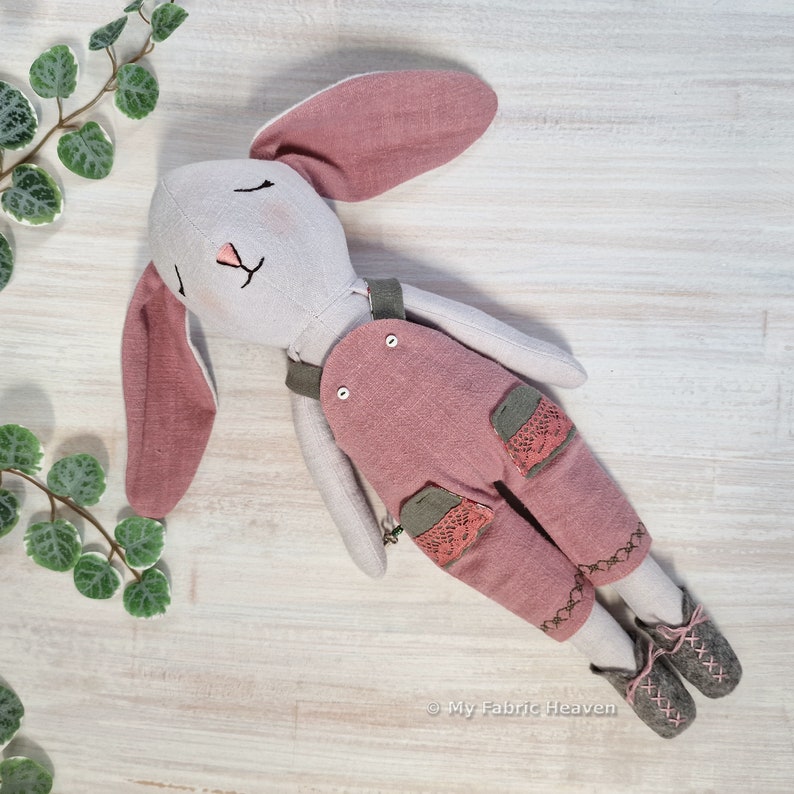 Linen bunny doll and clothes soft toy PDF sewing pattern photo-tutorial instructions