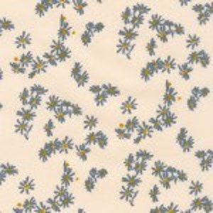 May include: A seamless pattern featuring a light beige background with a repeating design of dark blue and green stylized floral sprigs with yellow accents.
