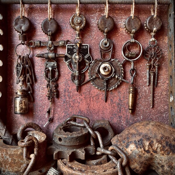 Wasteland Junker Bottle Cap Totem Tribal Rite Ornaments - scavenged industrial hardware junk / dystopian / postapo
